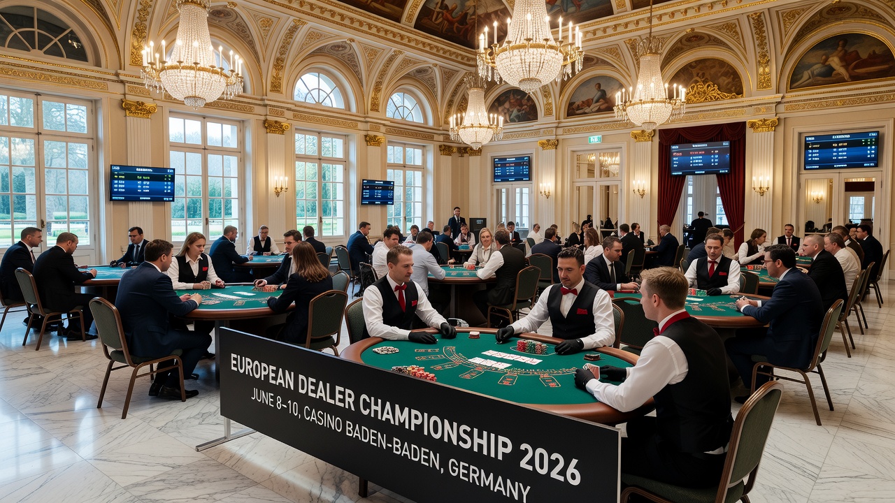 Siegerpodest der European Dealer Championship 2026 mit Temin Joguncic, Robin Stepanek und Manon Martire im Casino Baden-Baden
